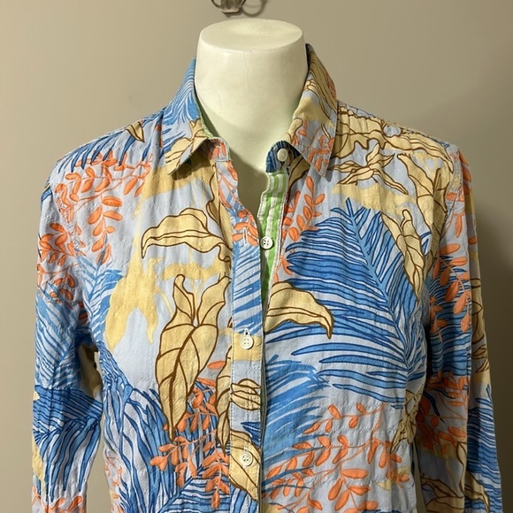 J McLaughlin Lois Shirt Blue Tropical Palm Print Long Sleeve Button Front Sz S - Picture 4 of 16